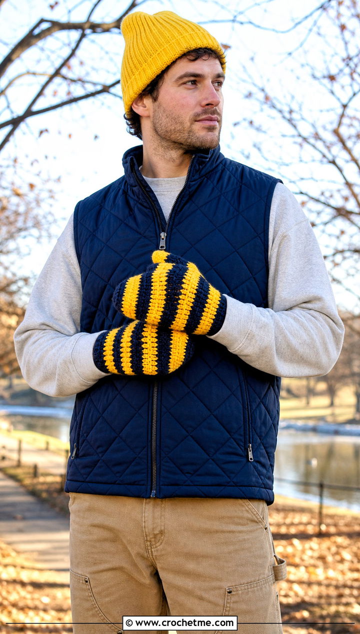 Striped Crochet Mittens With Quilted Vest - 25 crochet mittens for men outfit ideas