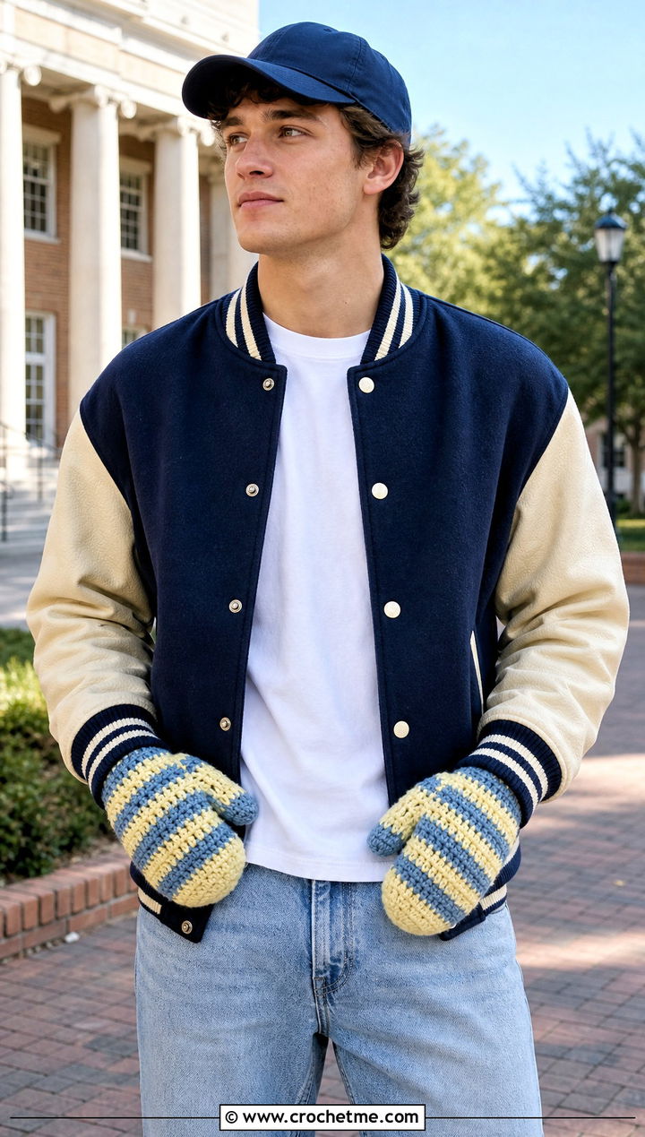 Striped Crochet Mittens With Varsity Jacket - 25 Crochet Mens Mittens outfit ideas