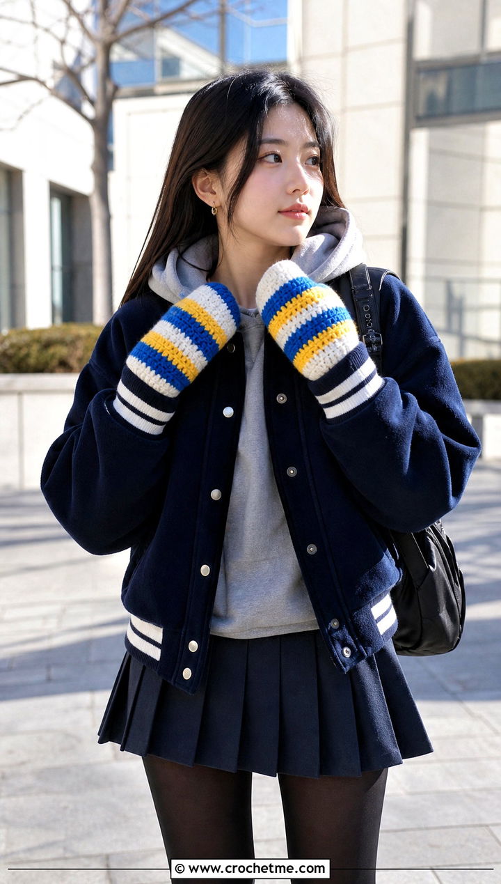 Striped Crochet Mittens With Varsity Jacket - 25 cute crochet mittens outfit ideas