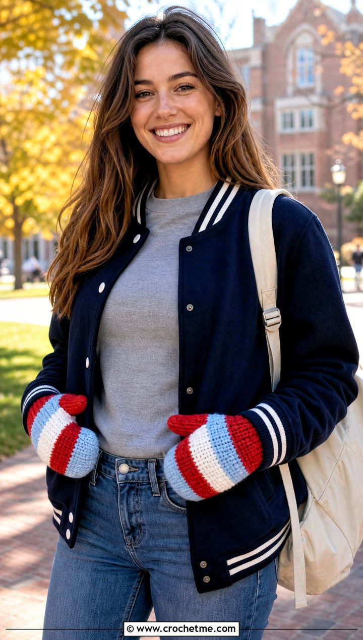 Striped Crochet Mittens With Varsity Jacket - 25 women crochet mittens outfit ideas