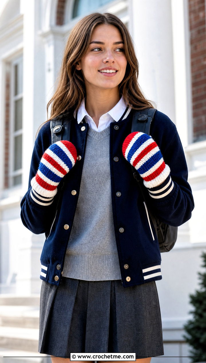 Striped Crochet Mittens With Varsity Jacket - 15 Crochet Mittens With Fleece Lining outfit ideas