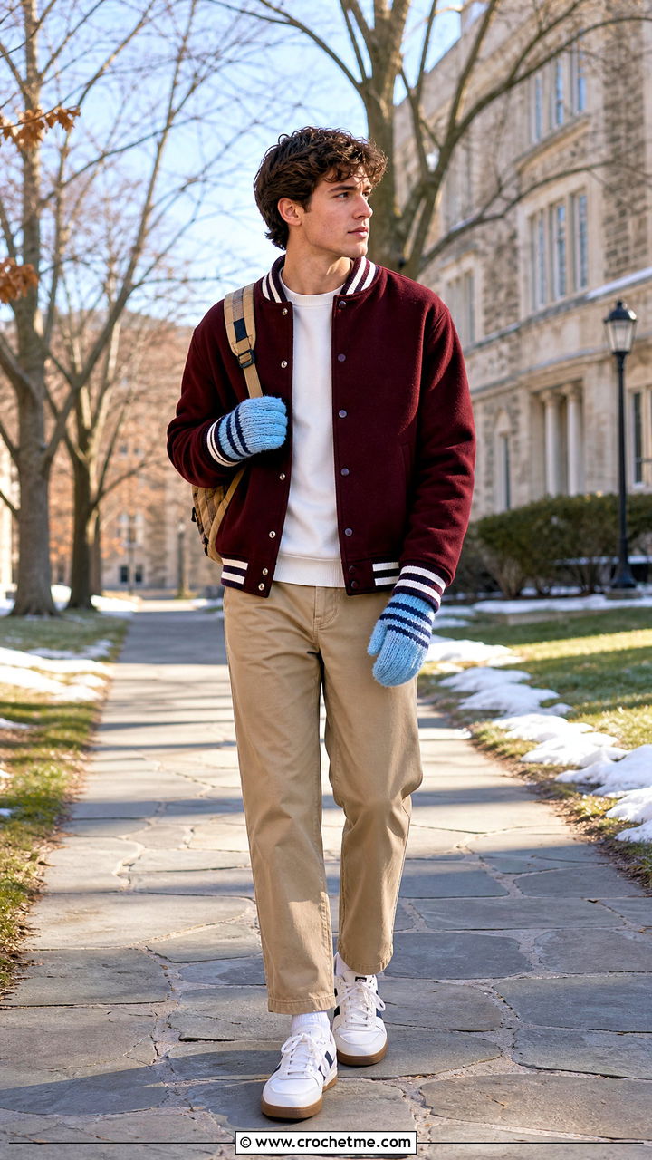 Striped Crochet Mittens With Varsity Jacket - 35 crochet gloves for men outfit ideas