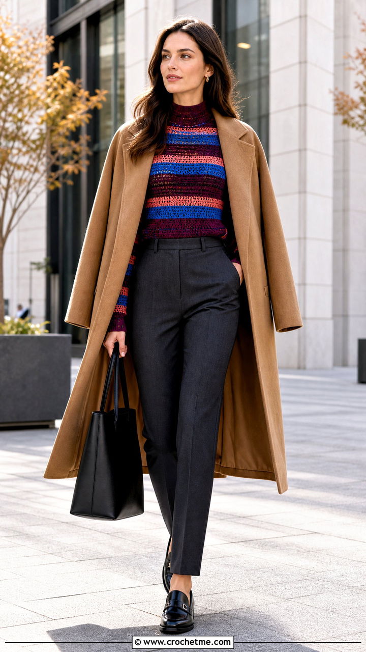 Striped Crochet Mock Neck Top With Suit Pants - 35 striped crochet top outfit ideas