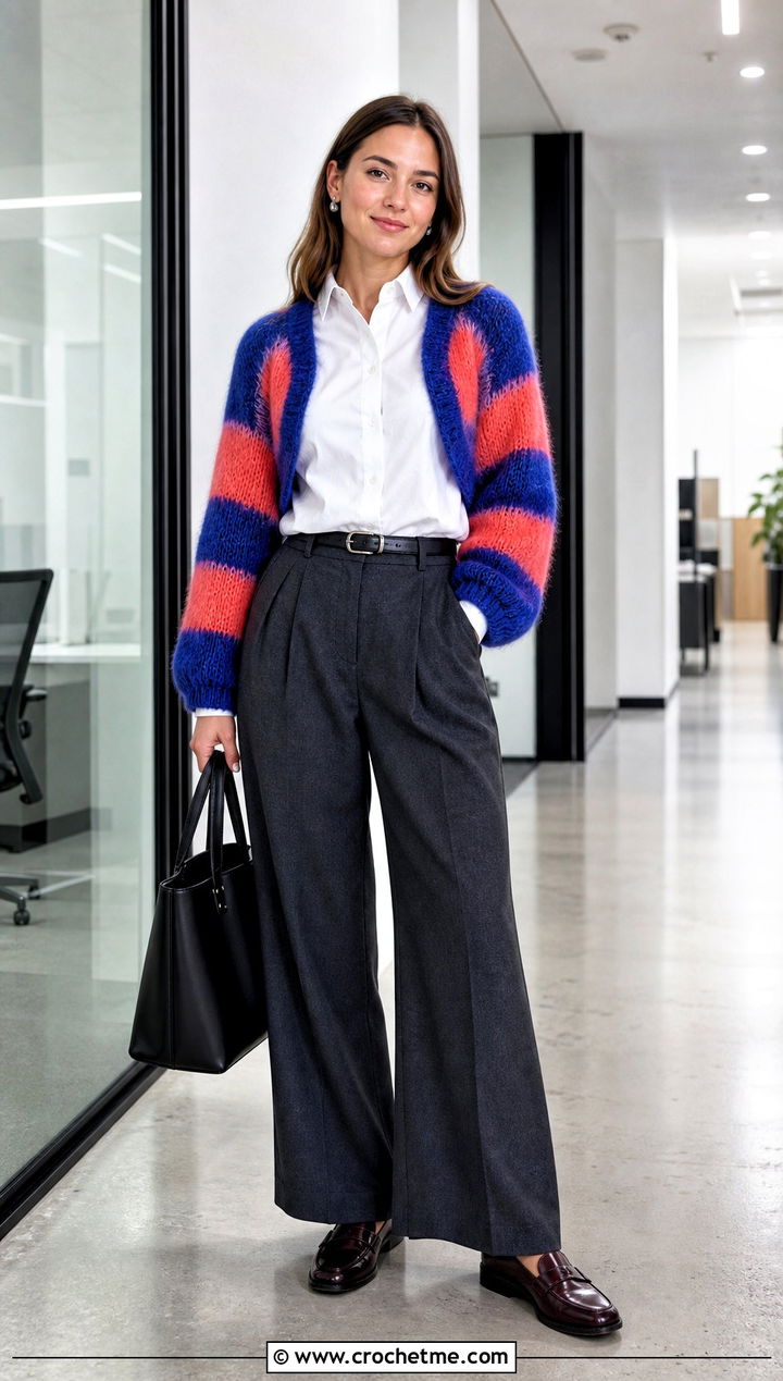 Striped Crochet Mohair Bolero With White Shirt And Trousers - 30 crochet mohair bolero outfit ideas