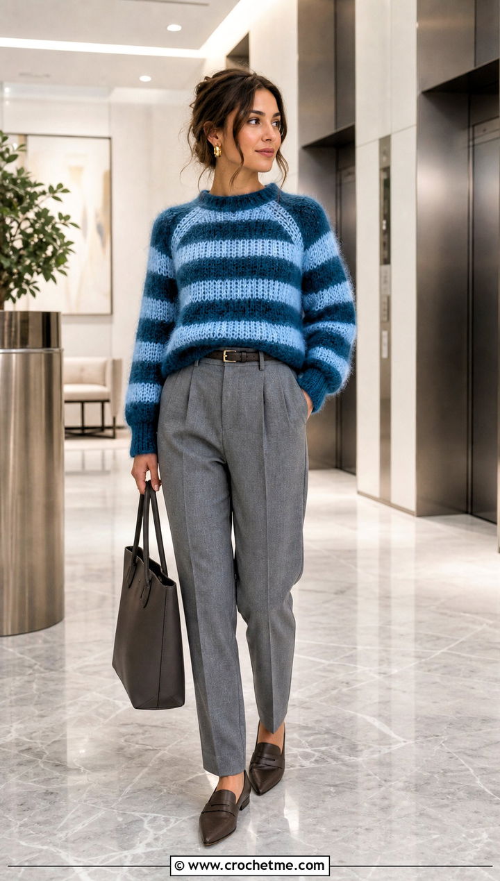 Striped Crochet Mohair Raglan Sweater With Tailored Trousers - 15 Crochet Mohair Raglan Sweater outfit ideas