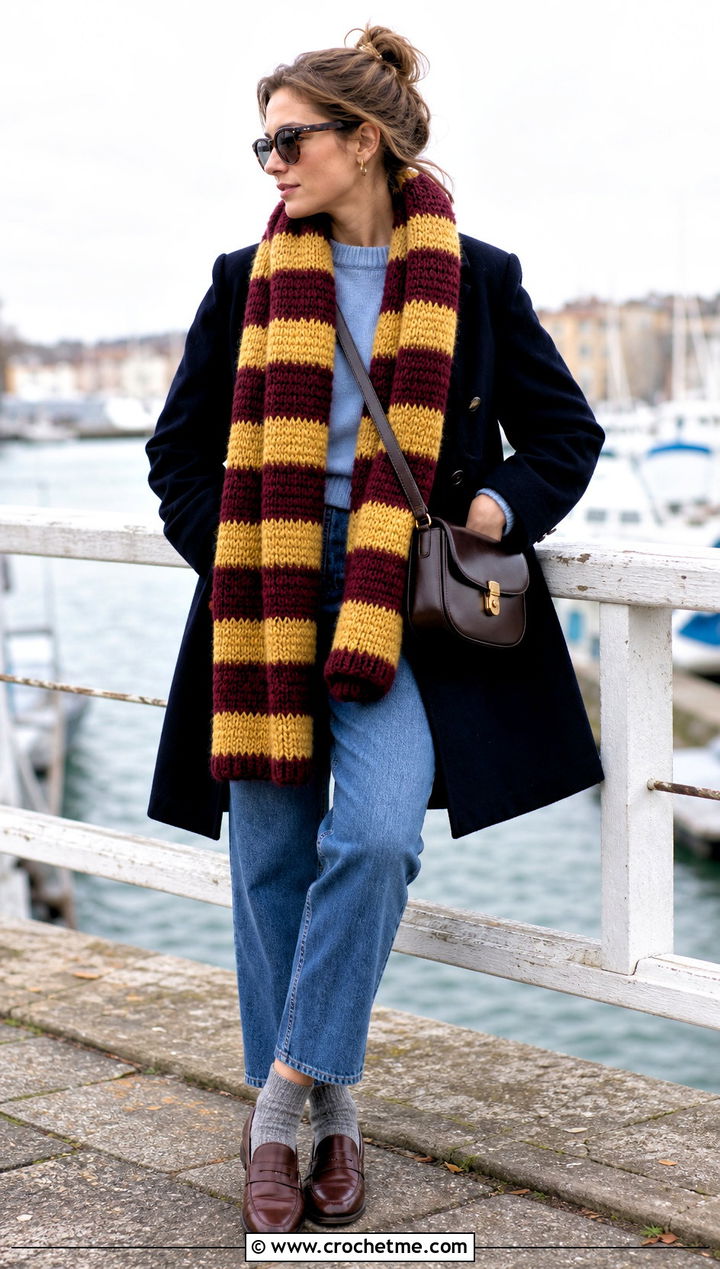 Striped Crochet Mohair Scarf With Peacoat - 30 crochet mohair scarf outfit ideas