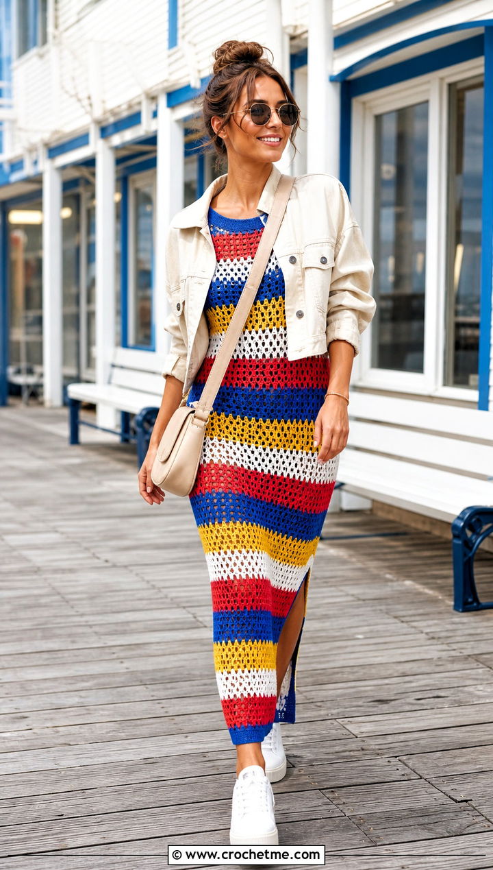 Striped Crochet Net Dress With White Sneakers - 25 crochet net dress outfit ideas