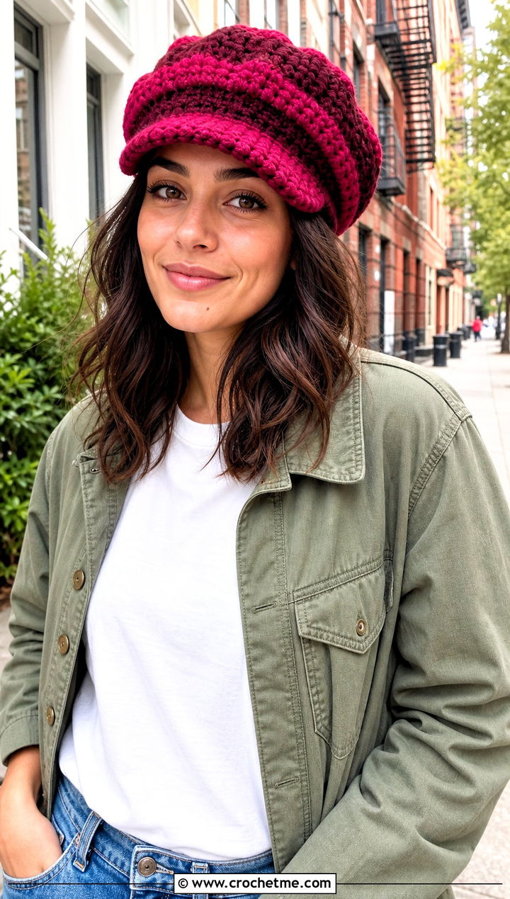 Striped Crochet Newsboy Cap With Utility Jacket - 15 crochet hats stripes outfit ideas