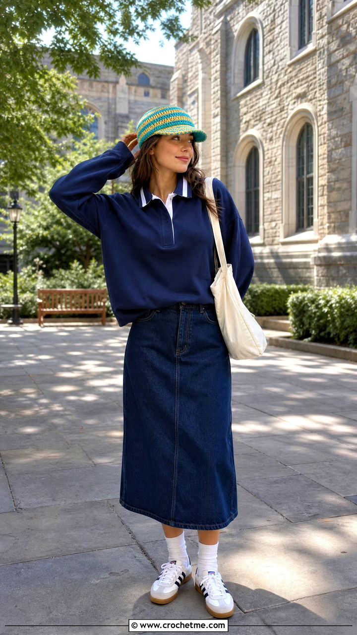 Striped Crochet Newsboy Hat With Rugby Shirt And Denim Skirt - 35 crochet newsboy hat outfit ideas