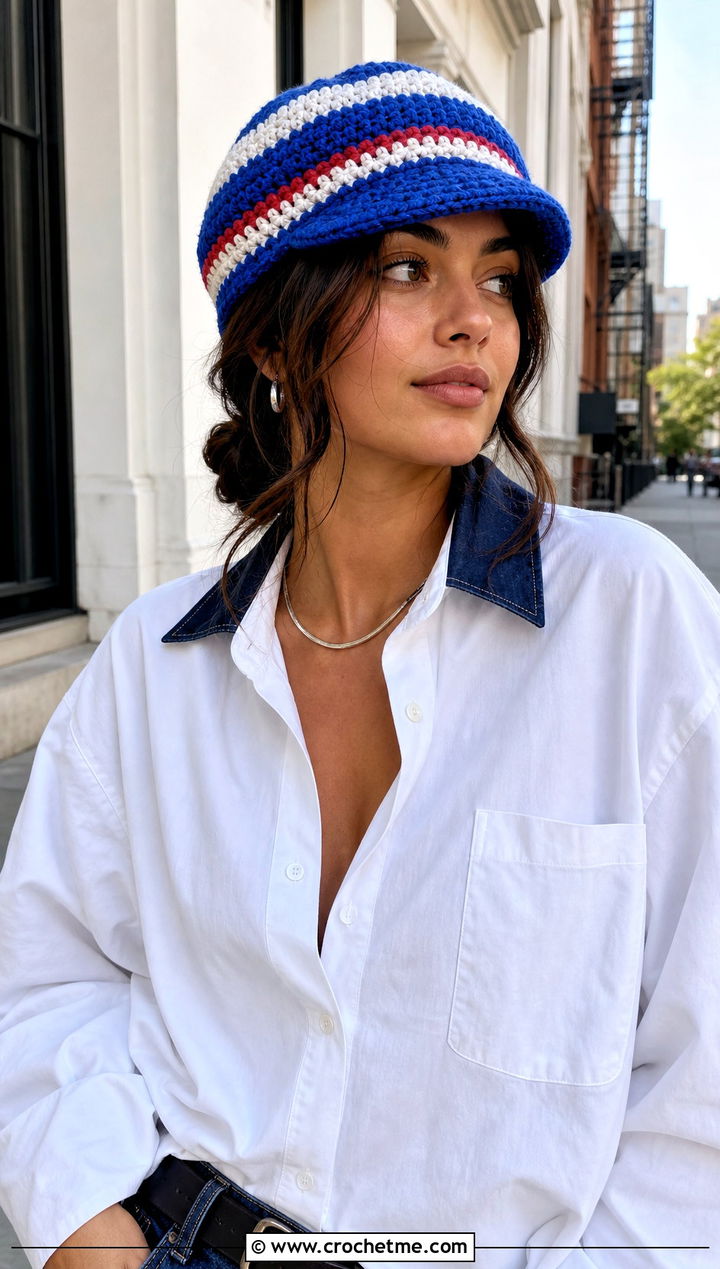 Striped Crochet Newsboy Hat With White Shirt - 25 newsboy crochet hat outfit ideas