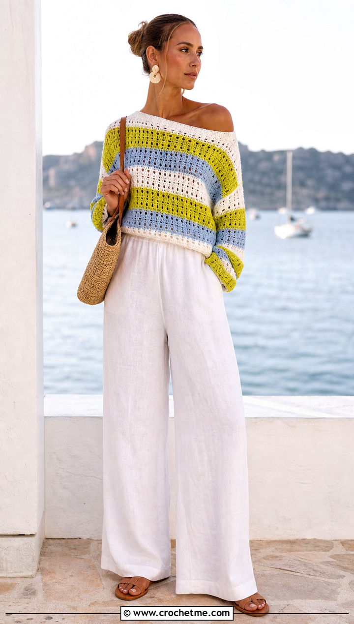 Striped Crochet Off Shoulder Sweater With White Wide Leg Pants - 25 Crochet Over The Shoulder Sweater outfit ideas