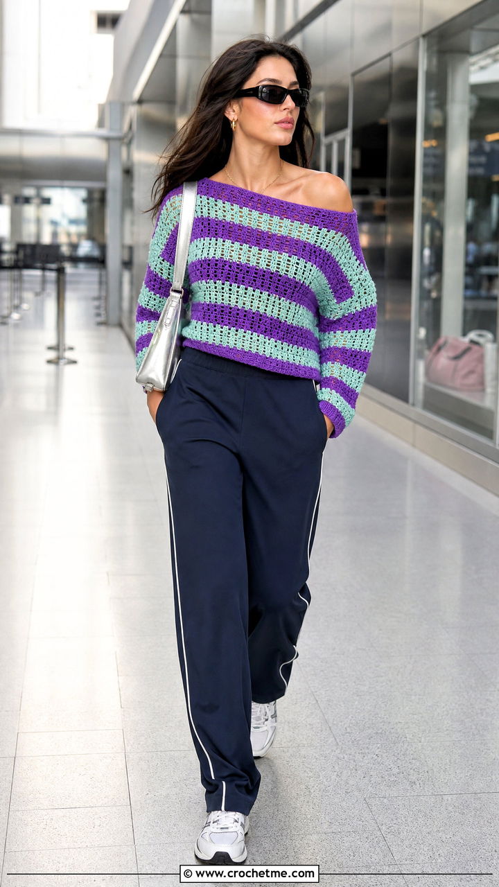 Striped Crochet Off Shoulder Top With Track Pants - 35 Crochet Off Shoulder Top outfit ideas