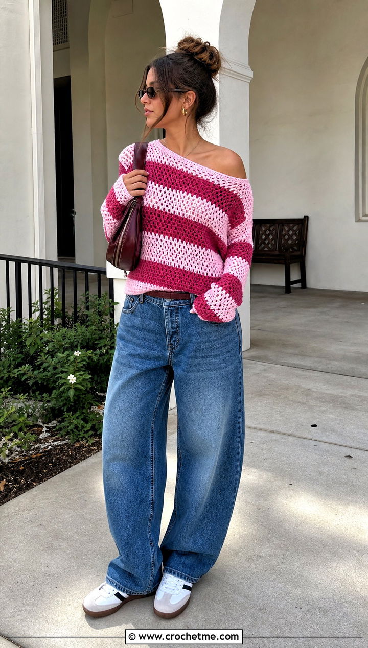 Striped Crochet Off The Shoulder Top With Barrel Jeans - 35 Crochet Off The Shoulder Top outfit ideas