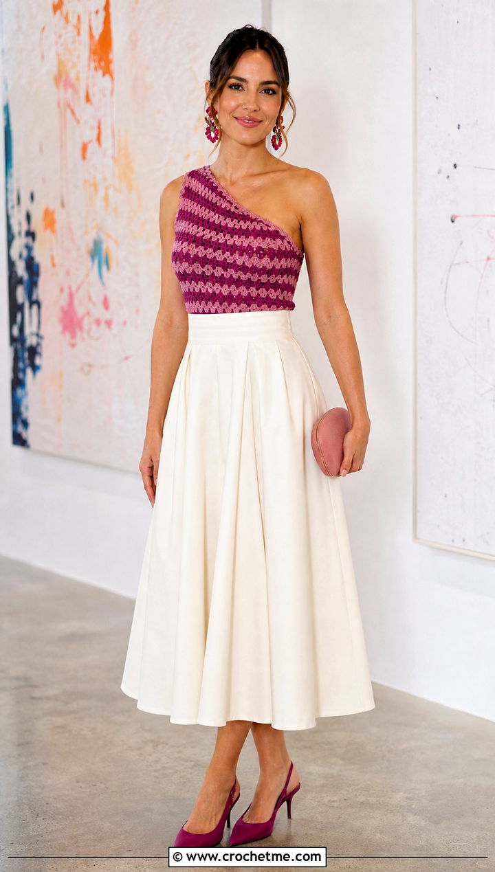 Striped Crochet One Shoulder Top With Full Skirt - 35 crochet striped top outfit ideas