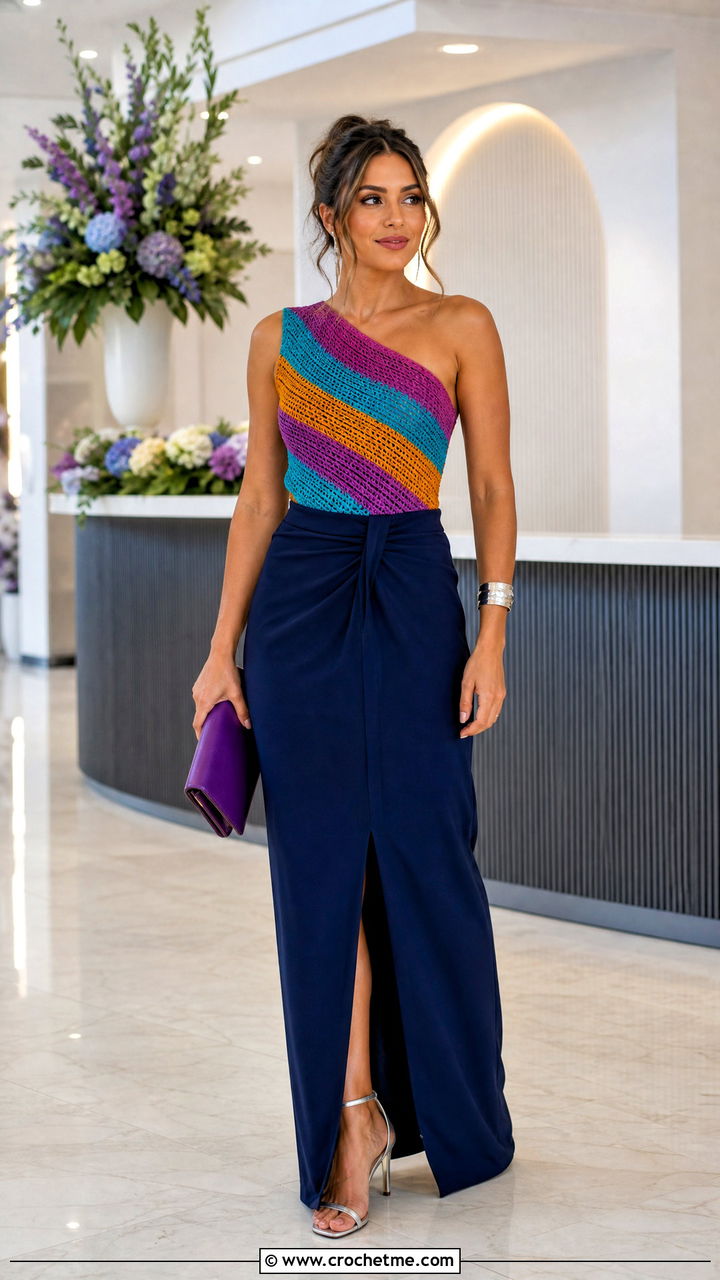 Striped Crochet One Shoulder Top With Tailored Maxi Skirt - 35 striped crochet top outfit ideas