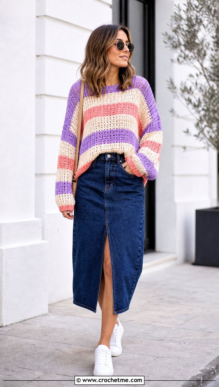 Striped Crochet Oversize Sweater With Denim Midi Skirt - 20 Crochet Oversize Sweater outfit ideas