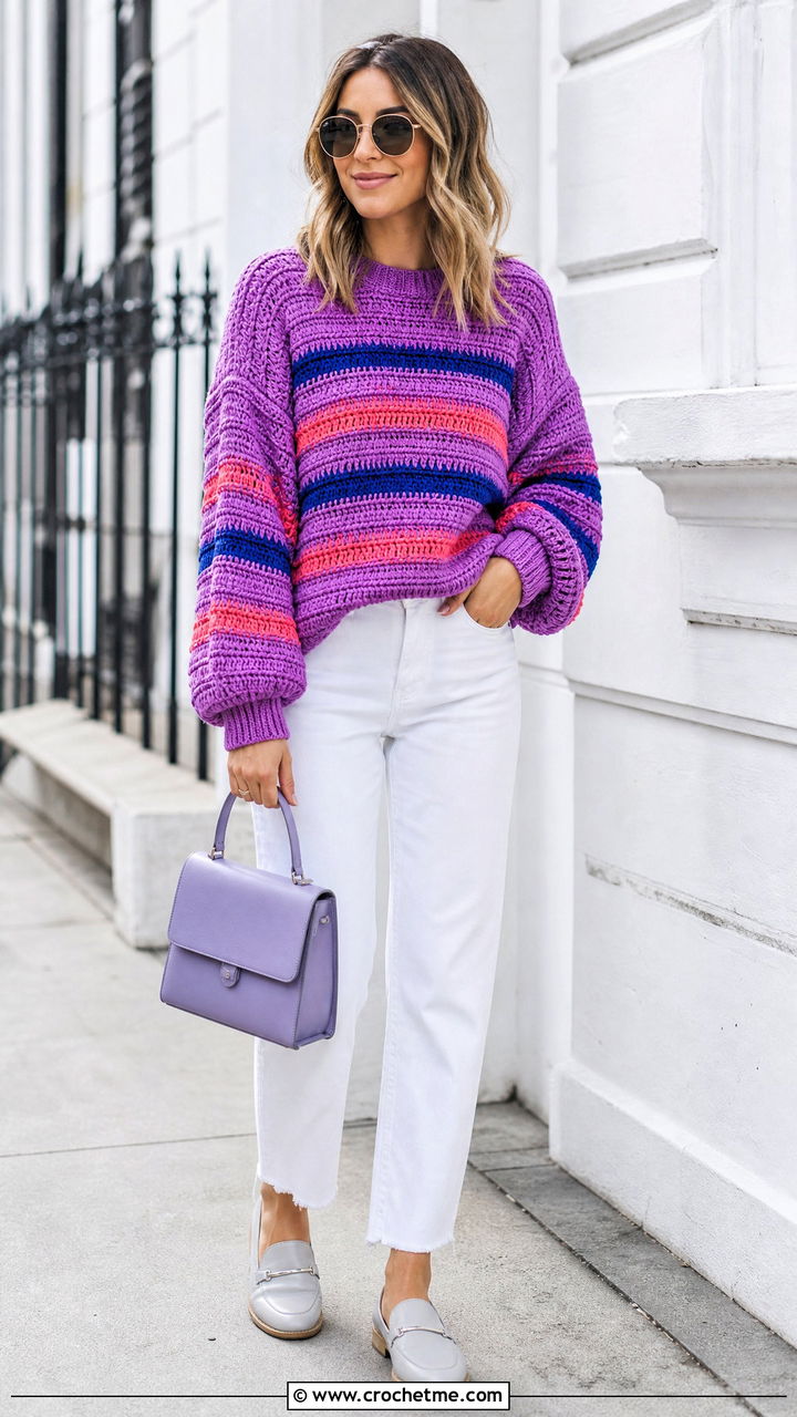 Striped Crochet Oversized Sweater With White Jeans - 35 crochet oversized sweater outfit ideas