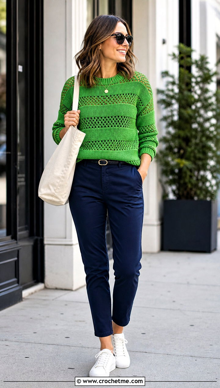 Striped Crochet Panel Sweater With Chino Pants - 30 crochet panel sweater outfit ideas