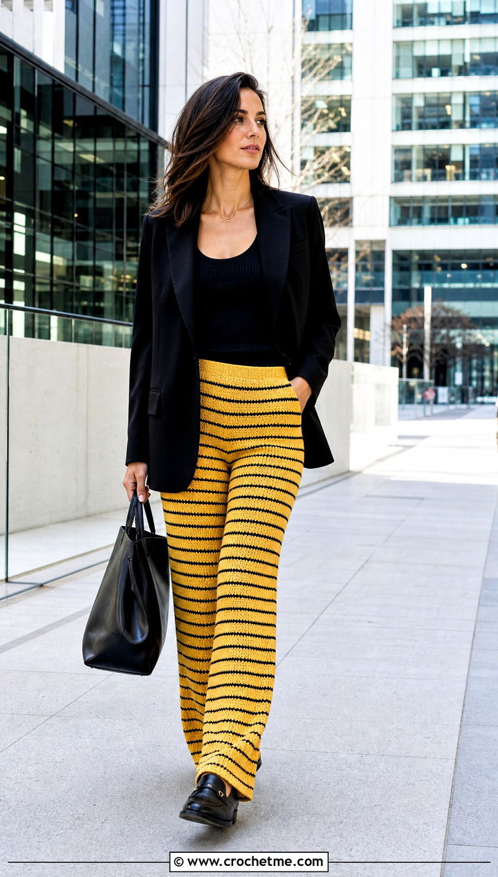 Striped Crochet Pants With Black Blazer - 25 women crocheted pants outfit ideas