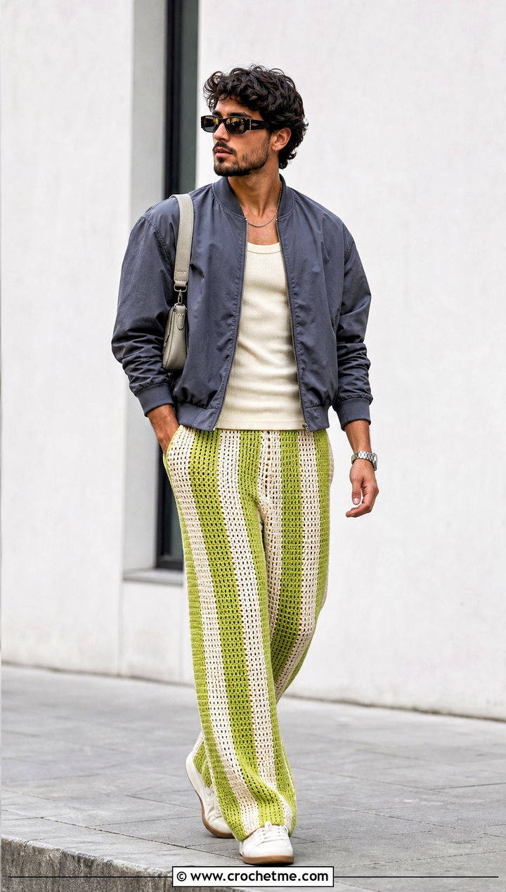 Striped Crochet Pants With Bomber Jacket - 30 mens crochet pants outfit ideas