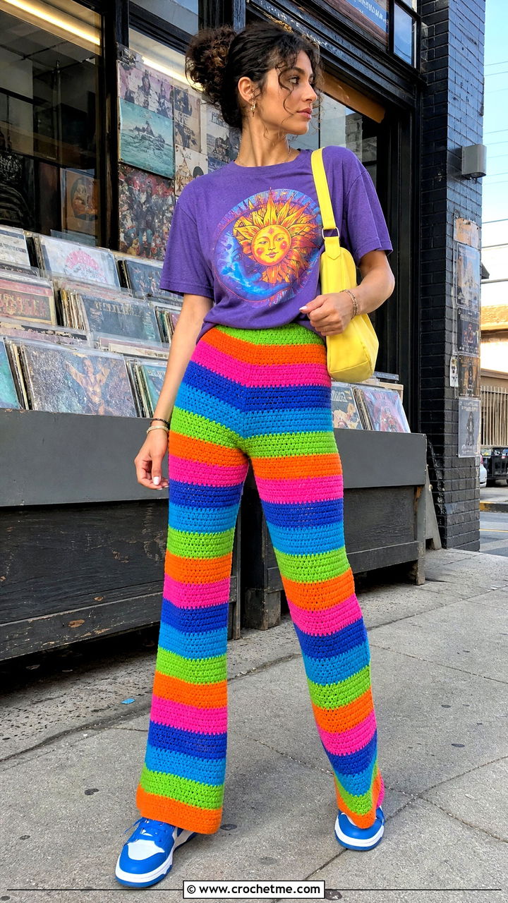 Striped Crochet Pants With Graphic T Shirt - 35 crochet pants outfit ideas