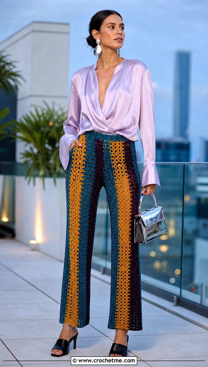 Striped Crochet Patchwork Pants With Satin Blouse - 15 Crochet Patchwork Pants outfit ideas