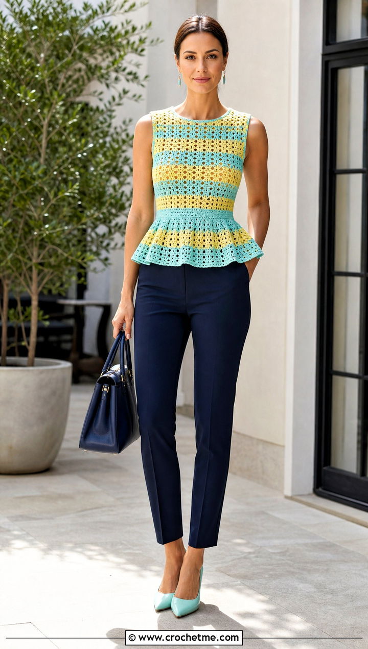 Striped Crochet Peplum Top With Slim Trousers - 35 crochet striped top outfit ideas