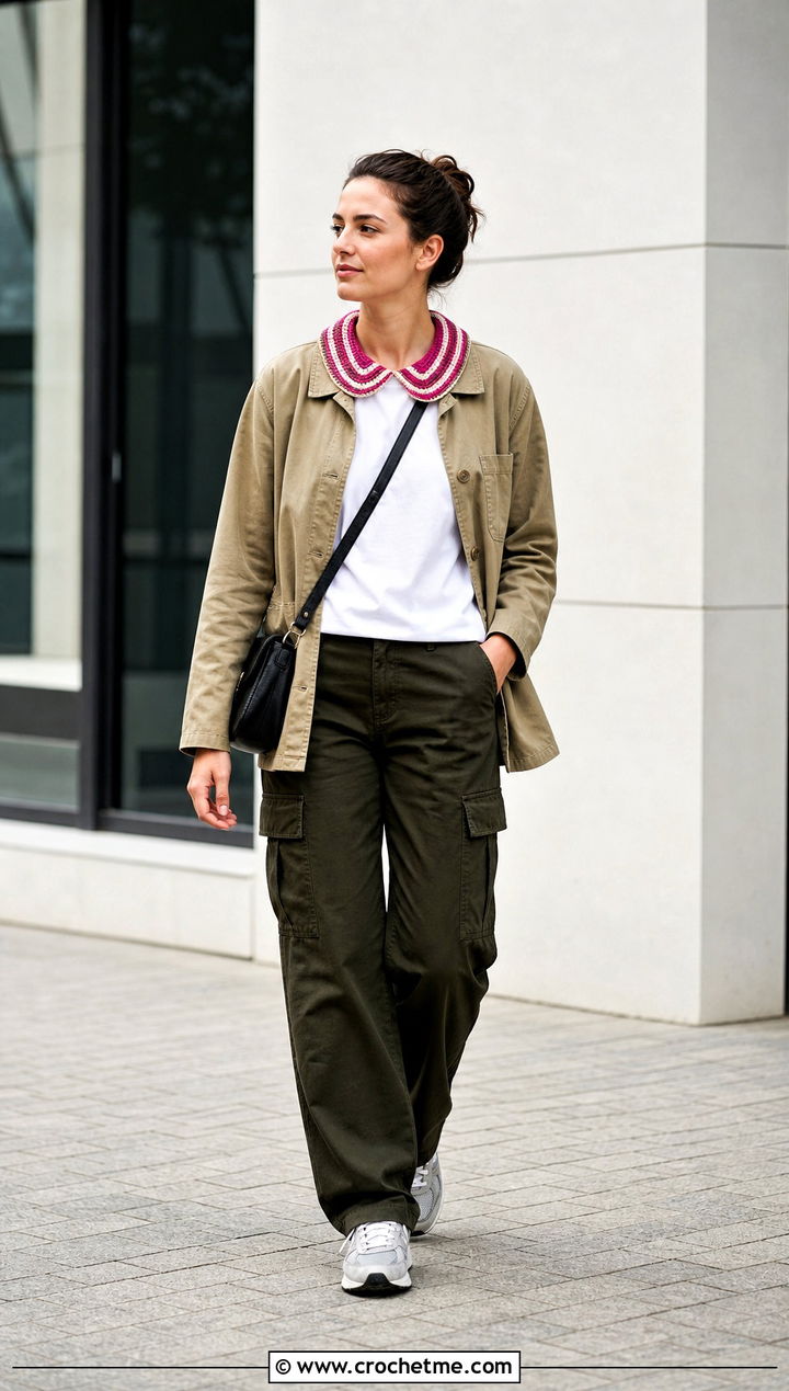 Striped Crochet Peter Pan Collar With Chore Jacket And Cargo Pants - 35 crochet peter pan collar outfit ideas