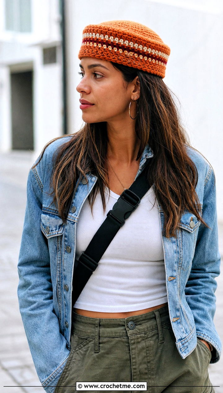 Striped Crochet Pillbox Hat With Denim Jacket And Cargo Pants - 25 crochet pillbox hat outfit ideas