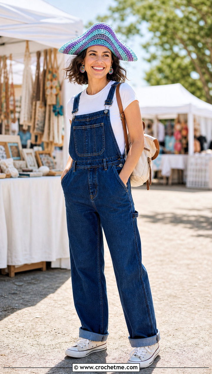 Striped Crochet Pirate Hat With Denim Overalls - 35 crochet pirate hat outfit ideas