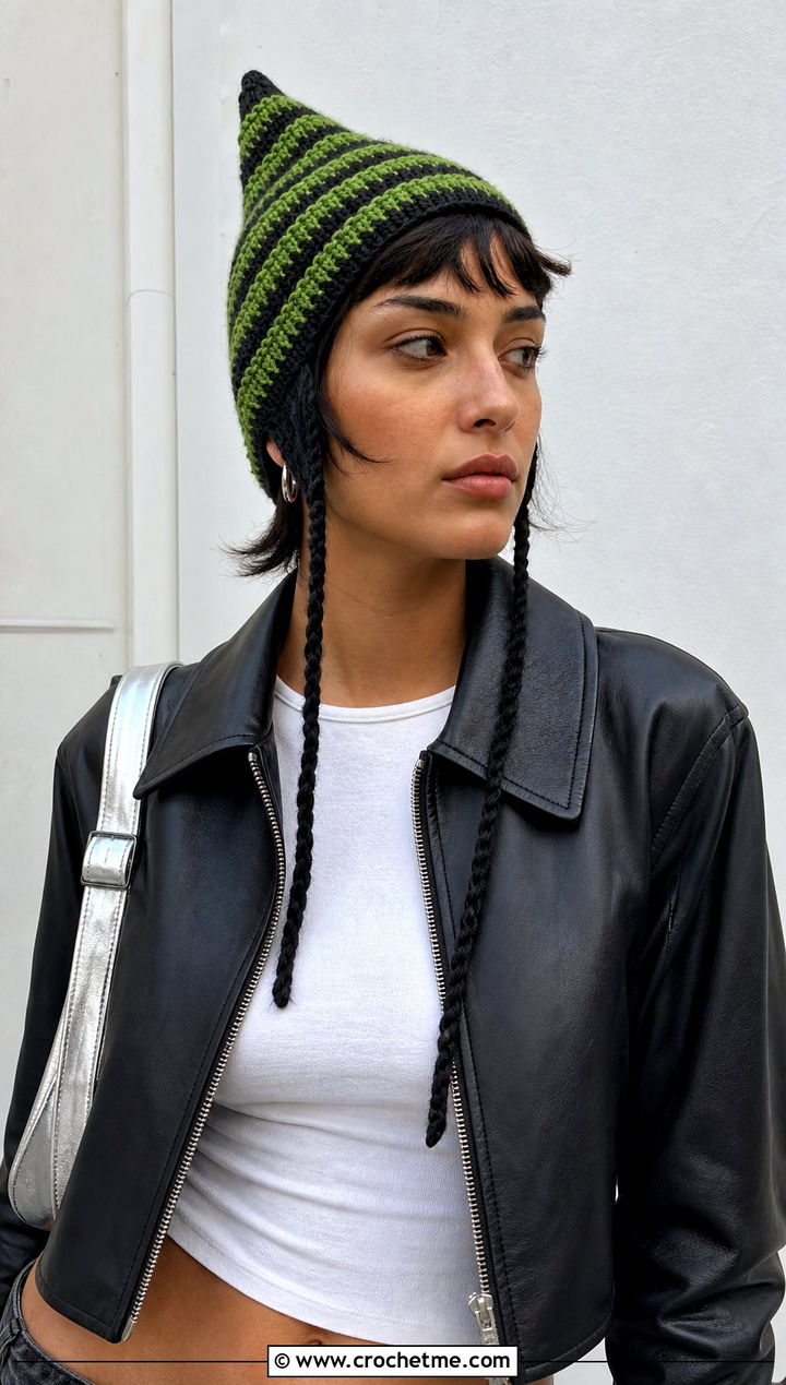 Striped Crochet Pixie Hat With Leather Jacket - 30 crochet pixie hat outfit ideas