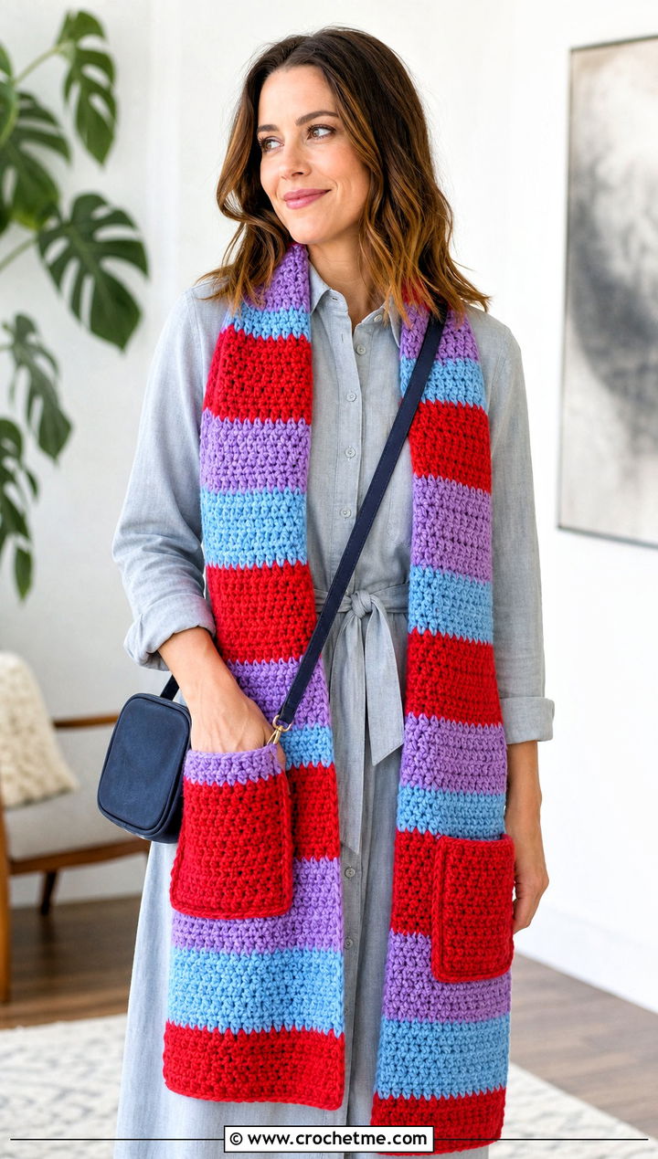 Striped Crochet Pocket Scarf With Shirt Dress - 30 striped crochet scarf outfit ideas