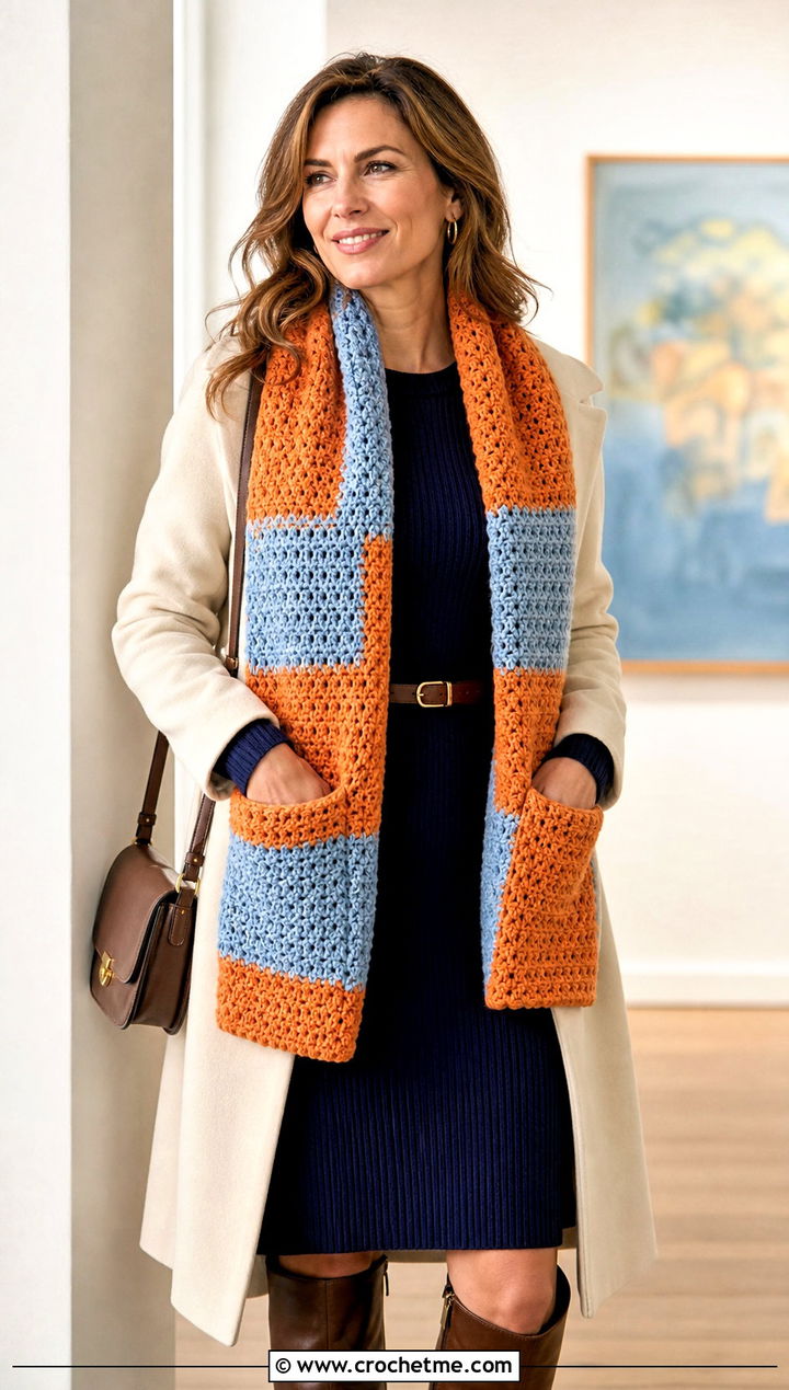 Striped Crochet Pocket Scarf With Sweater Dress - 15 Crochet Scarf With Hand Pockets outfit ideas