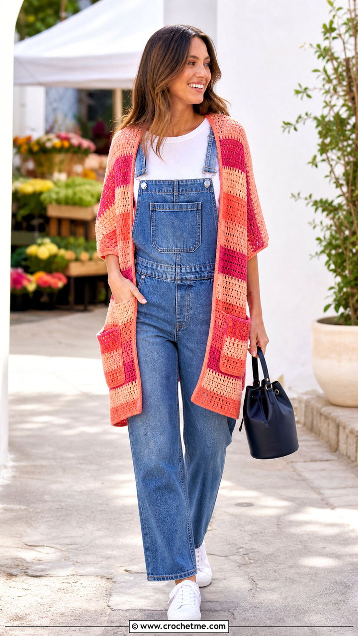 Striped Crochet Pocket Shawl With Denim Overalls - 35 crochet pocket shawl outfit ideas