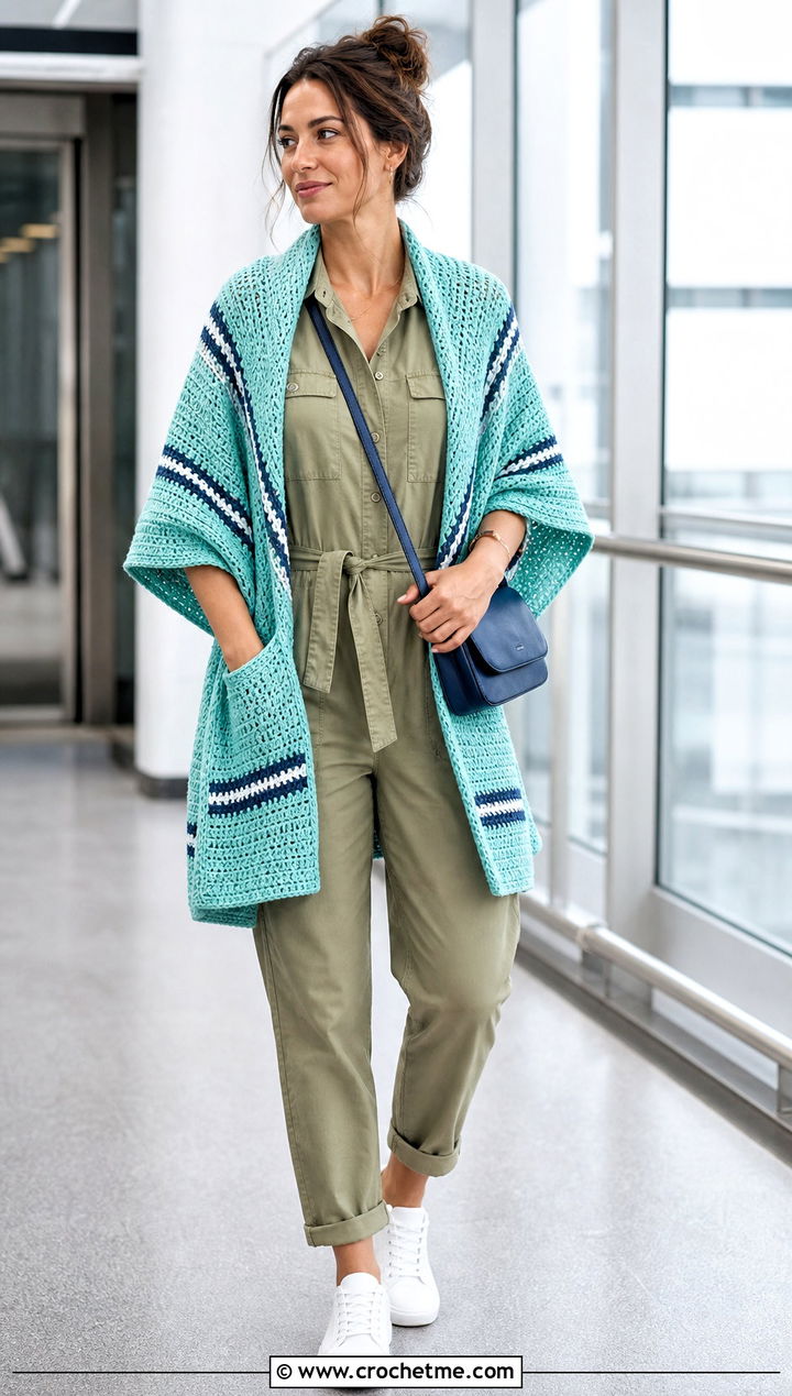 Striped Crochet Pocket Shawl With Utility Jumpsuit - 25 Easy Crochet Shawl With Pockets outfit ideas