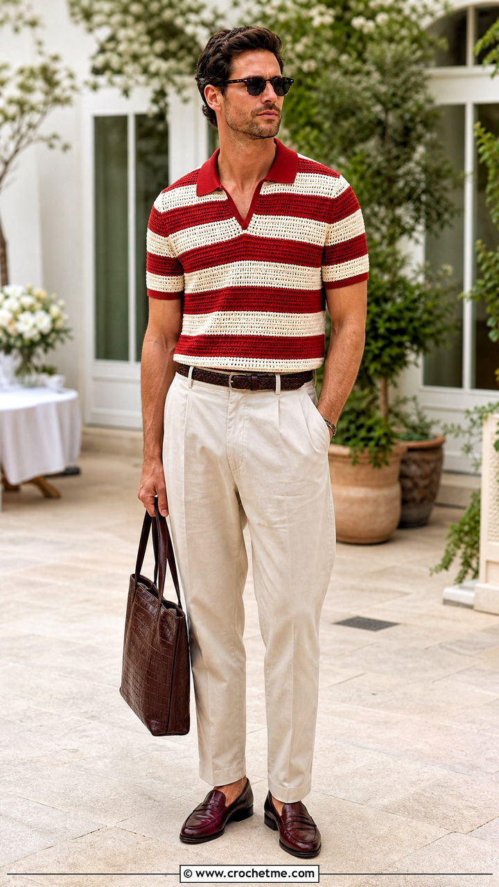 Striped Crochet Polo Shirt With Pleated Chinos - 35 crochet shirts for men outfit ideas