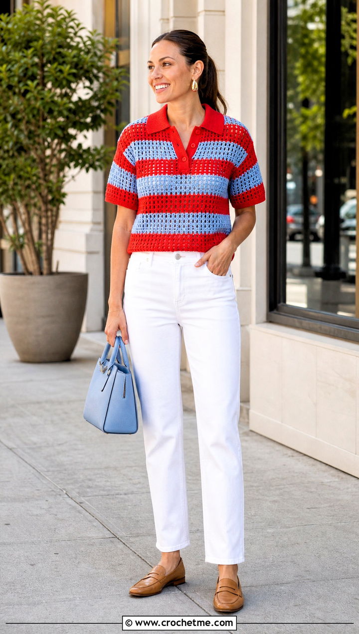 Striped Crochet Polo Shirt With White Jeans - 25 women crochet polo shirt outfit ideas