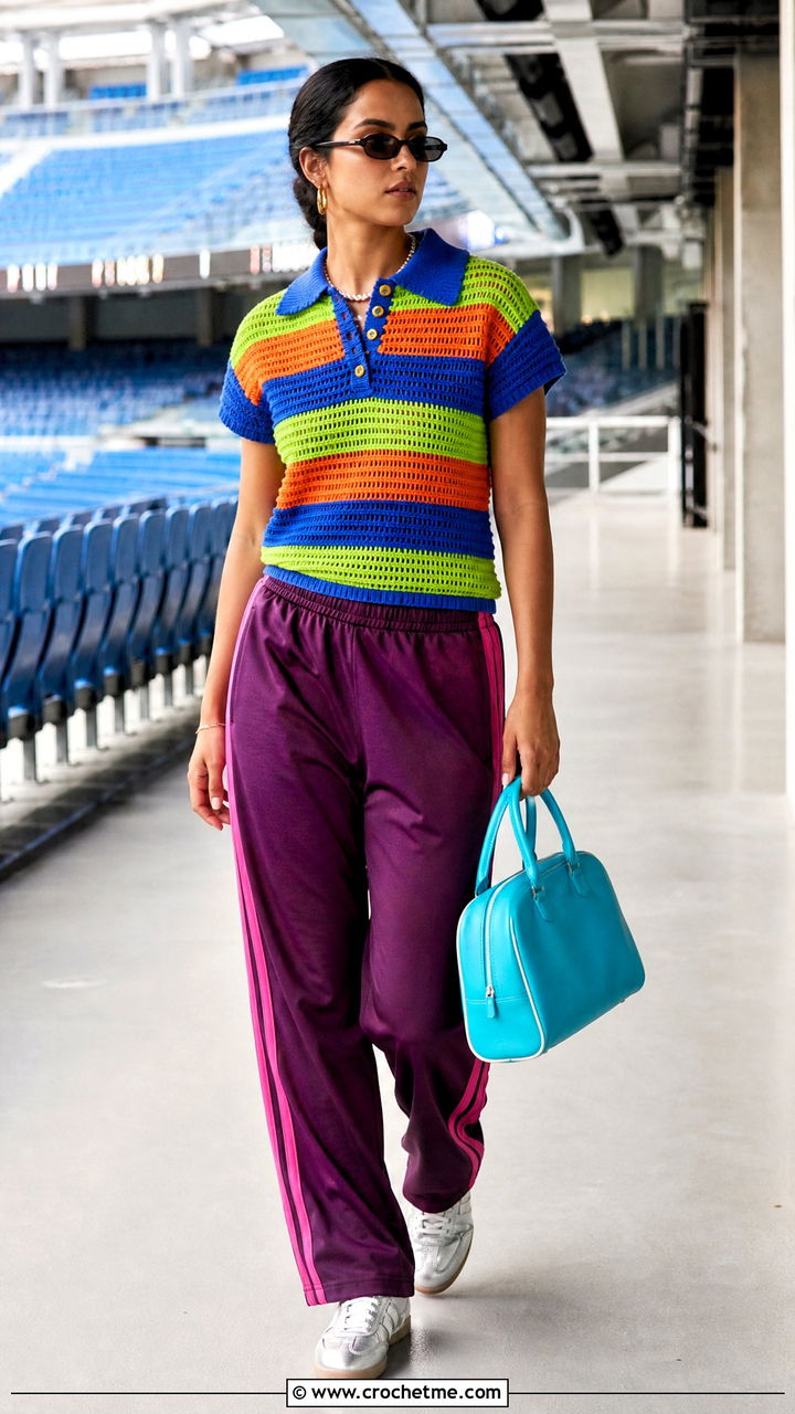 Striped Crochet Polo Top With Track Pants - 35 crochet ladies tops outfit ideas