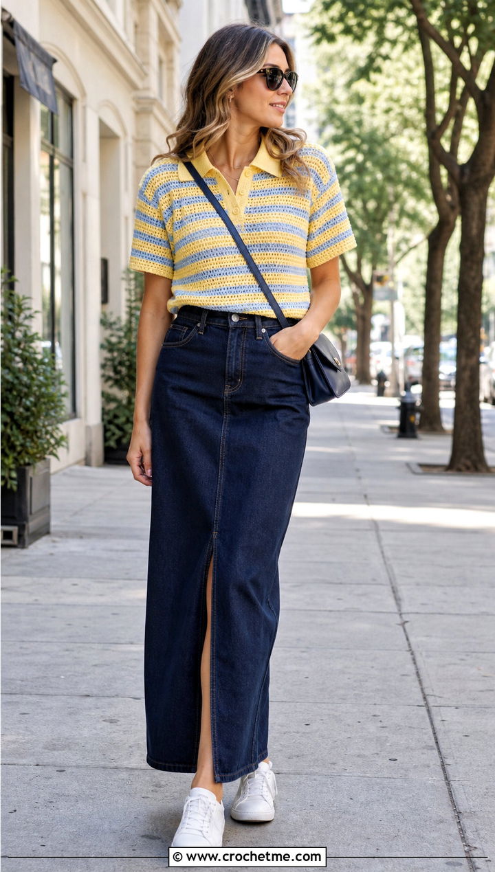 Striped Crochet Polo With Denim Maxi Skirt - 15 Crochet Diy Clothes Ideas