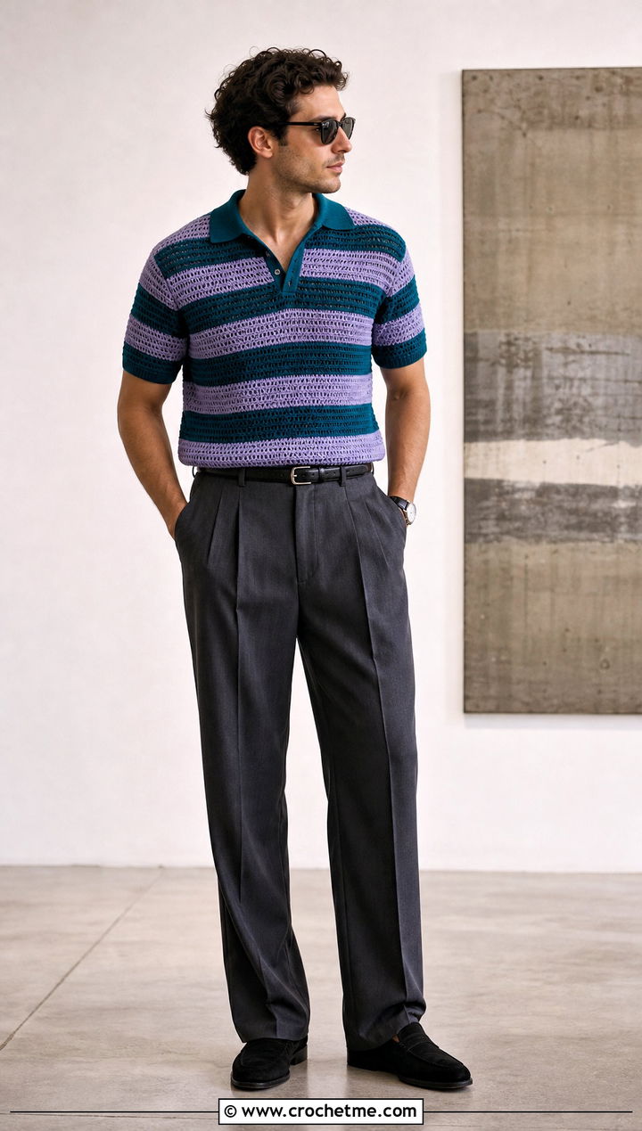 Striped Crochet Polo With Pleated Trousers - 15 Mens Crochet Polo Shirt outfit ideas