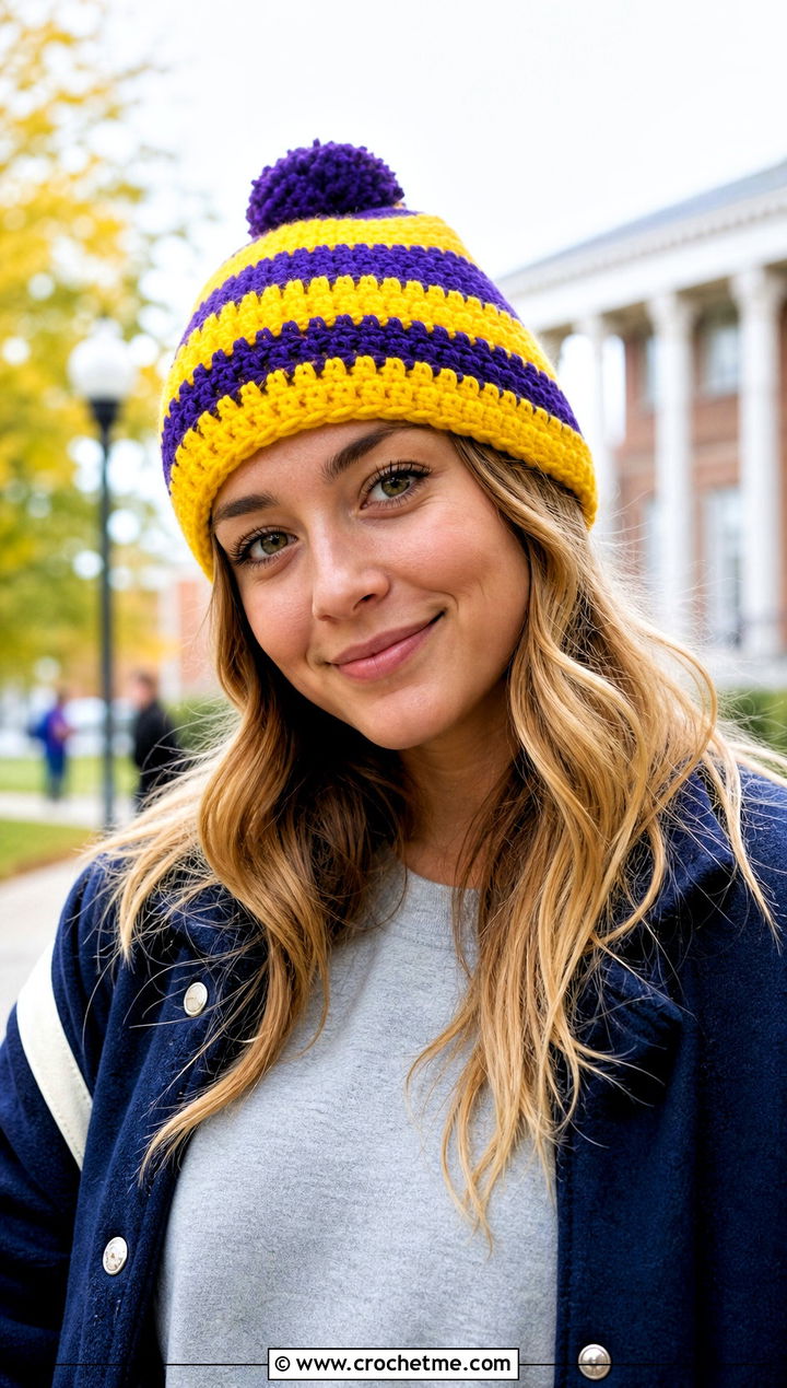 Striped Crochet Pom Pom Beanie With Varsity Jacket - 30 crochet beanie with pom pom outfit ideas