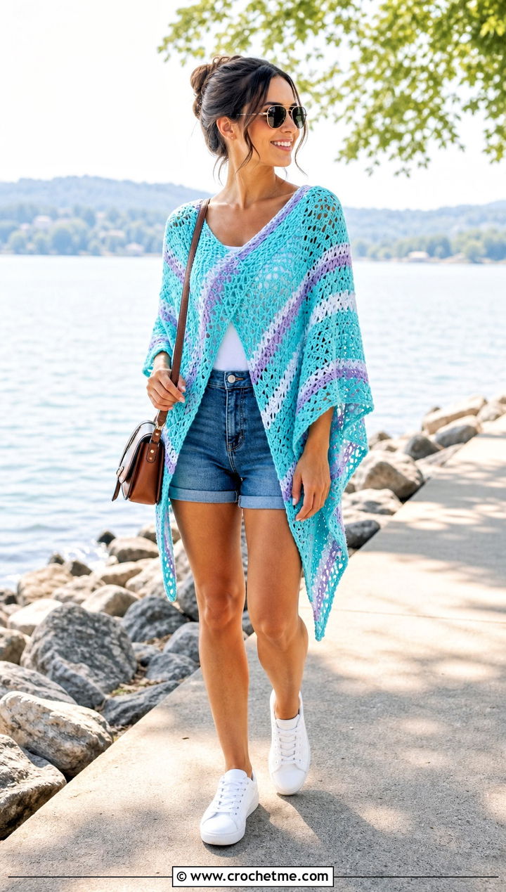 Striped Crochet Poncho Shawl With Denim Shorts - 20 crochet poncho shawl outfit ideas