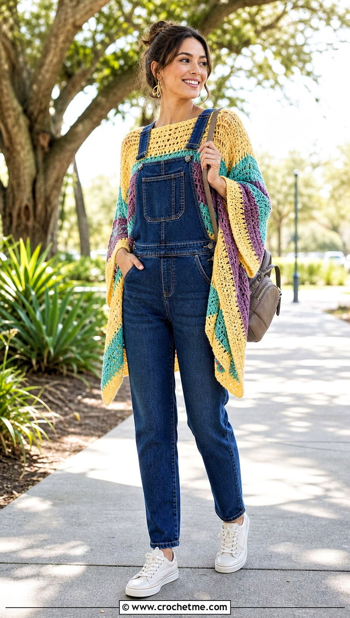Striped Crochet Poncho Sweater With Denim Overalls - 35 crochet poncho sweater outfit ideas