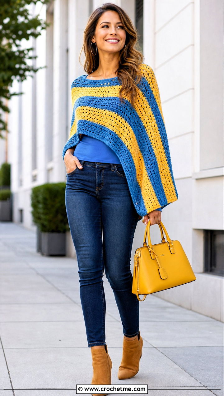 Striped Crochet Poncho Top With Slim Jeans - 30 two colour crochet top outfit ideas