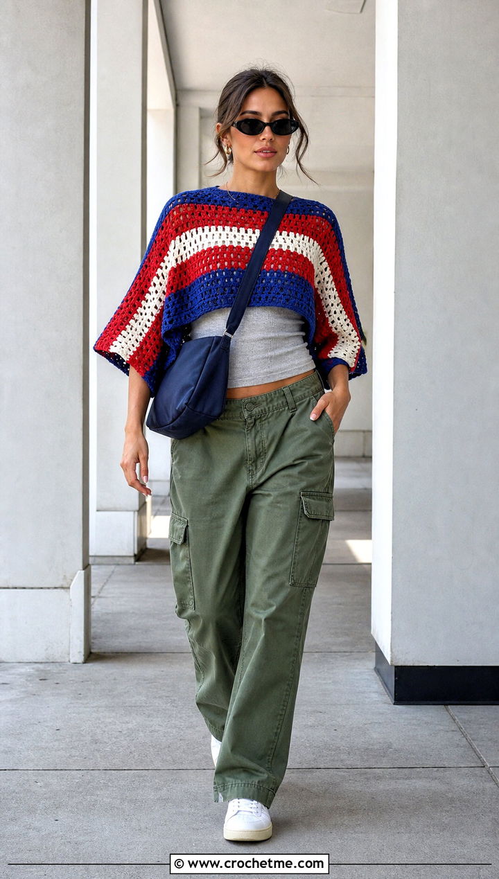 Striped Crochet Poncho With Cargo Pants - 15 Crochet Womens Poncho outfit ideas