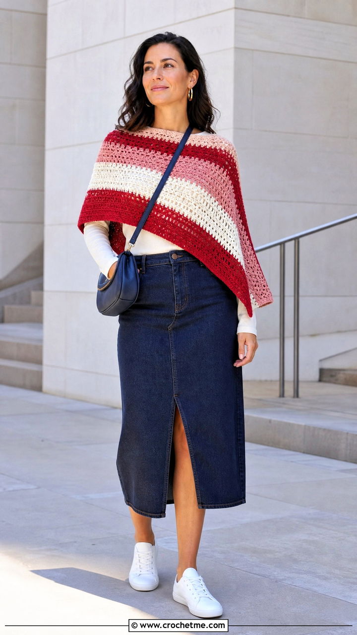 Striped Crochet Poncho With Denim Midi Skirt - 35 easy crochet poncho outfit ideas