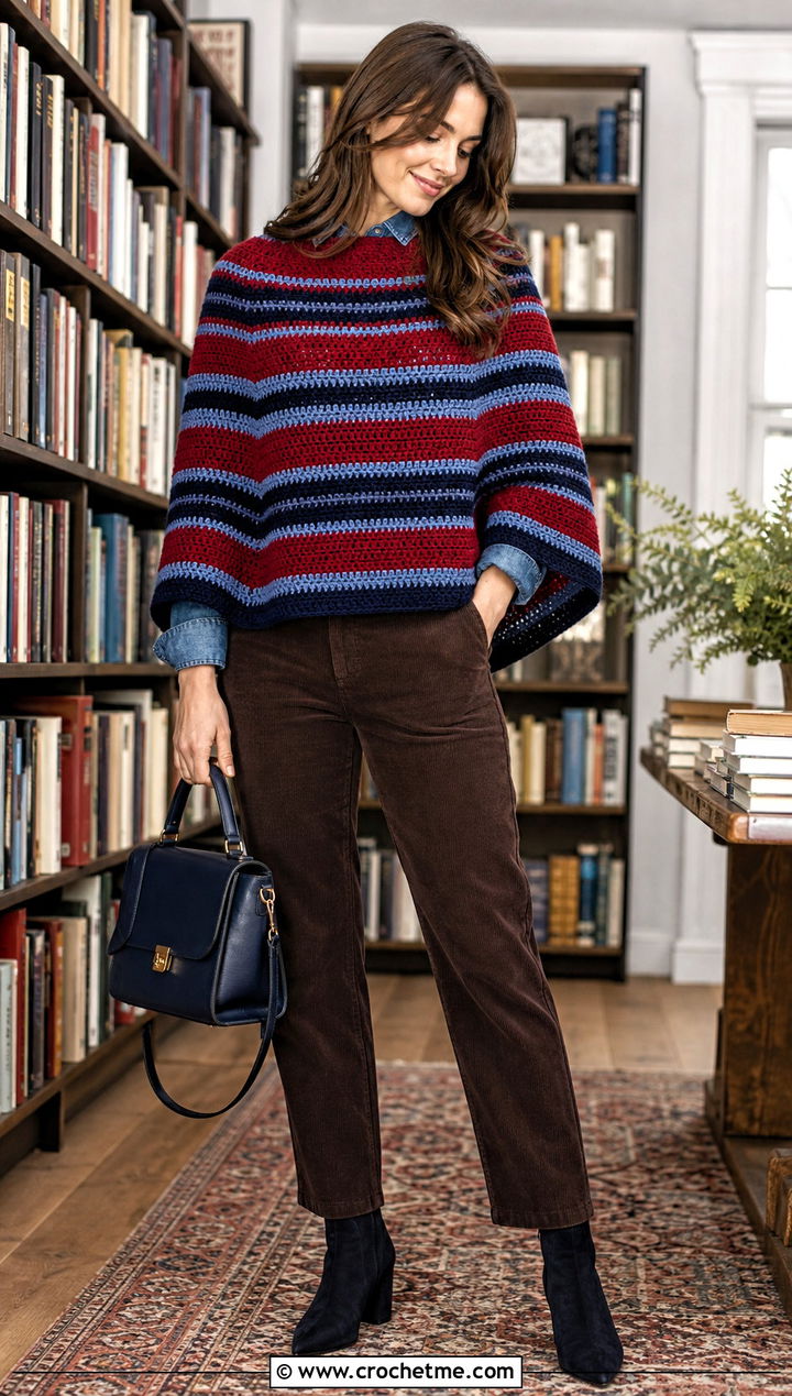 Striped Crochet Poncho With Denim Shirt And Corduroy Pants - 30 woman winter crochet poncho outfit ideas