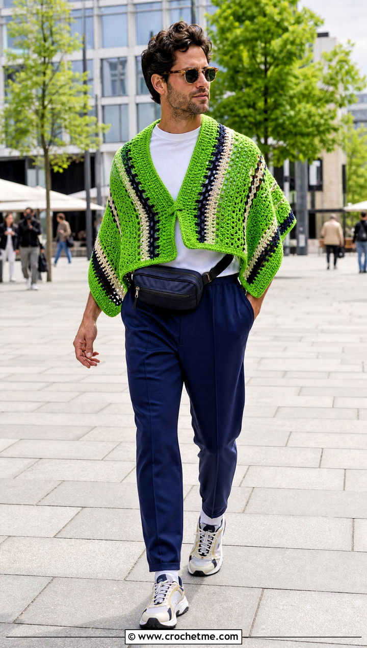 Striped Crochet Poncho With Track Pants - 25 mens crochet poncho outfit ideas