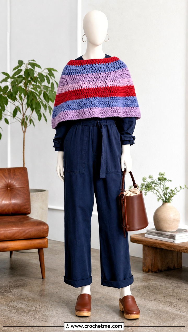 Striped Crochet Poncho With Utility Jumpsuit And Clogs - 15 crochet poncho on mannequin outfit ideas