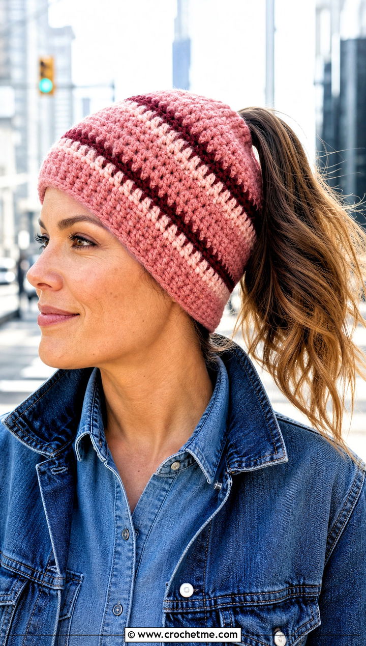 Striped Crochet Ponytail Beanie With Double Denim - 20 Crochet Ponytail Beanie outfit ideas